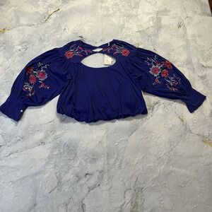 Free People Lita Embroidered Womens‎ Sz M Top Floral Blouse Blue Cutout Boho